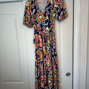 Blue and Black Maxi Sundress with Puff Sleeves and V-Neck